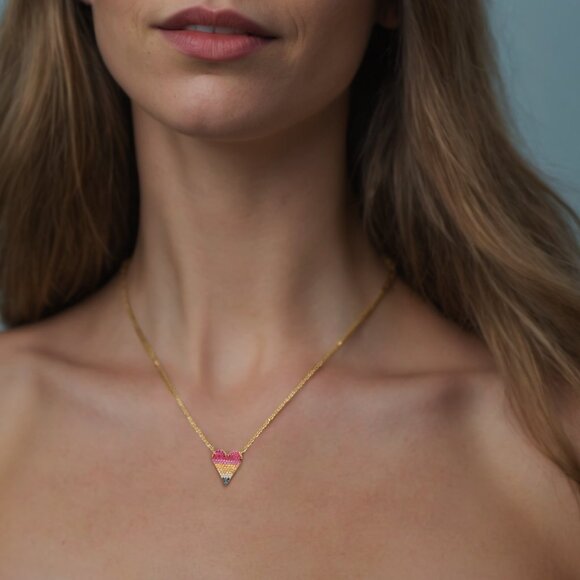 Heart Pave 14K (or 18k upon request) Yellow Gold Multicolor Diamond Necklace - Picture 3 of 3